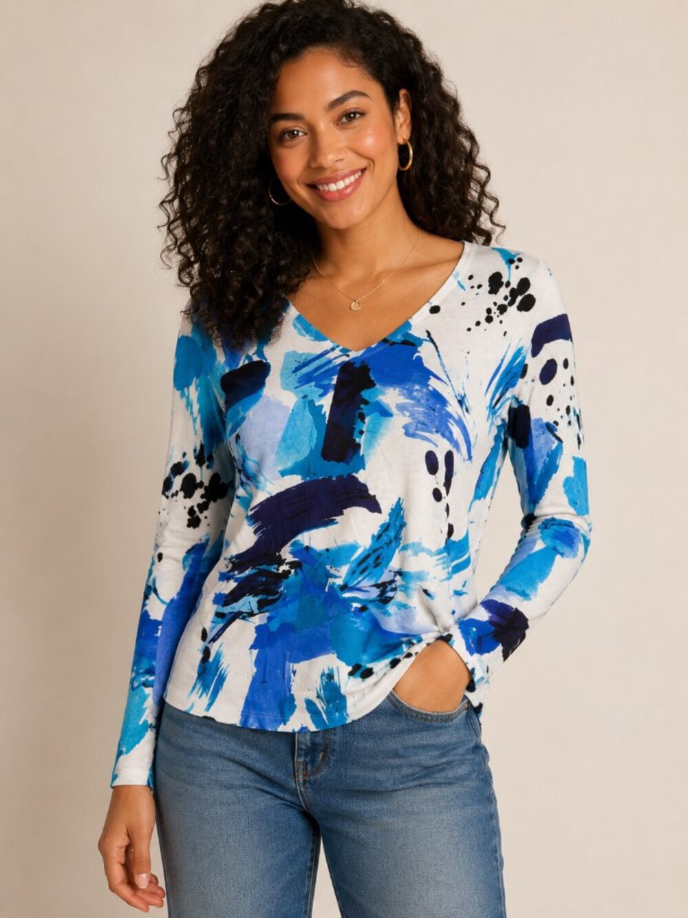 Alison Sheri Blue Abstract Print V-Neck Knit Top Women's Medium Long Sleeve